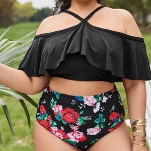 Plus Floral Flounce High Waisted Bikini Swimsuit